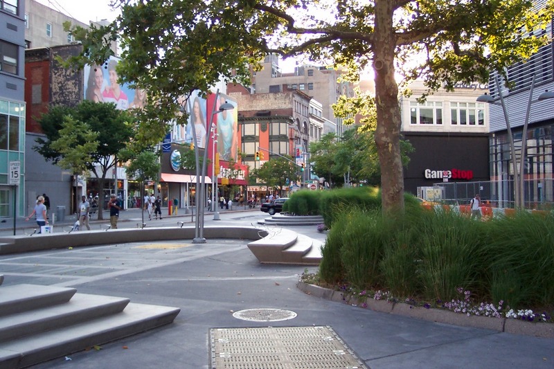 Fulton Mall, Brooklyn, July 2012. This seating area at the eastern end of the Mall was reclaimed from the street by the recent mall makeover. Photo: Wayne Fields.