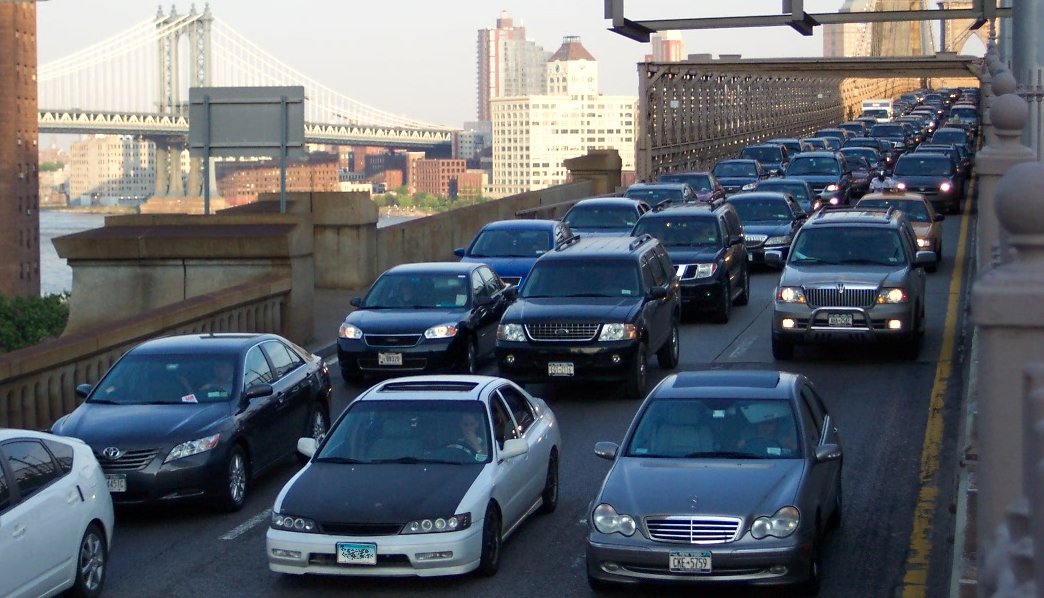 Inbound traffic over the free East River bridges; the vast majority of these cars carry only one person - the driver. May 2010.
