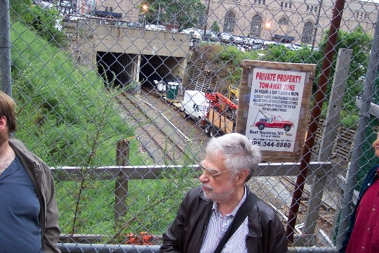 George Haikalis in front of Manhattan's little-used West Side rail line, August 2010. Photo: Wayne Fields.